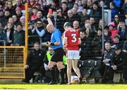 26 March 2023; Referee John Keenan shows a red card to Eoin Downey of Cork during the Allianz Hurling League Division 1 Semi Final match between Kilkenny and Cork at UMPC Nowlan Park in Kilkenny. Photo by David Fitzgerald/Sportsfile