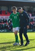 26 March 2023; Republic of Ireland manager Jim Crawford with Ollie O’Neill after their side's victory in the Under-21 international friendly match between Republic of Ireland and Iceland at Turners Cross in Cork. Photo by Seb Daly/Sportsfile