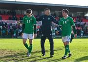 26 March 2023; Republic of Ireland manager Jim Crawford with players Ollie O’Neill, left, and Kian Leavy of Republic of Ireland after their side's victory in the Under-21 international friendly match between Republic of Ireland and Iceland at Turners Cross in Cork. Photo by Seb Daly/Sportsfile