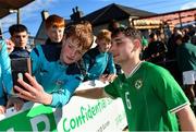 26 March 2023; Joe Hodge of Republic of Ireland with supporters after the Under-21 international friendly match between Republic of Ireland and Iceland at Turners Cross in Cork. Photo by Seb Daly/Sportsfile