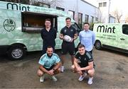 29 March 2023; Leinster Rugby has this morning announced a new three-year partnership with MINT Catering who have come on board as the Official Refuel Partner to Leinster Rugby. As well as catering for the teams, as part of the partnership, MINT, with the help of Notions Creative and RESCOM, delivered a refurbished players’ café during the recent international window with a new kitchen and dining facility included. Pictured, back row, from left, Mick Hearty of MINT, Josh van der Flier and David Rowan of MINT, front row, from left, Jamison Gibson-Park and Garry Ringrose during a MINT and Leinster Rugby Partnership announcement at Leinster HQ in Dublin. Photo by Harry Murphy/Sportsfile
