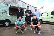 29 March 2023; Leinster Rugby has this morning announced a new three-year partnership with MINT Catering who have come on board as the Official Refuel Partner to Leinster Rugby. As well as catering for the teams, as part of the partnership, MINT, with the help of Notions Creative and RESCOM, delivered a refurbished players’ café during the recent international window with a new kitchen and dining facility included. Pictured, back row, from left, Mick Hearty of MINT, Josh van der Flier and David Rowan of MINT, front row, from left, Jamison Gibson-Park and Garry Ringrose during a MINT and Leinster Rugby Partnership announcement at Leinster HQ in Dublin. Photo by Harry Murphy/Sportsfile