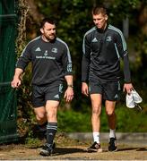 27 March 2023; Cian Healy and Sam Prendergast during a Leinster Rugby squad training session at UCD in Dublin. Photo by Harry Murphy/Sportsfile