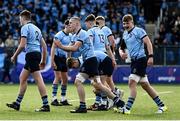 27 March 2023; St Michael’s College players including Setanta McLaughlin, centre, celebrate their side's first try during the Bank of Ireland Leinster Rugby Schools Junior Cup Final match between St Michael's College and Blackrock College at Energia Park in Dublin. Photo by Harry Murphy/Sportsfile