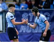27 March 2023; Scott Barron and Tom Reynolds of St Michael’s College celebrate their side's second try during the Bank of Ireland Leinster Rugby Schools Junior Cup Final match between St Michael's College and Blackrock College at Energia Park in Dublin. Photo by Harry Murphy/Sportsfile