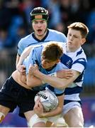 27 March 2023; Myles Berman of St Michael’s College is tackled by Luke Coffey of Blackrock College during the Bank of Ireland Leinster Rugby Schools Junior Cup Final match between St Michael's College and Blackrock College at Energia Park in Dublin. Photo by Harry Murphy/Sportsfile