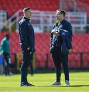26 March 2023; Republic of Ireland goalkeeping coach Rene Gilmartin, left, and sports physiologist David Forde before the Under-21 international friendly match between Republic of Ireland and Iceland at Turners Cross in Cork. Photo by Seb Daly/Sportsfile