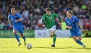 26 March 2023; Kian Leavy of Republic of Ireland in action against Kristofer Jonsson, left, and Arnor Gauti Jonsson of Iceland during the Under-21 international friendly match between Republic of Ireland and Iceland at Turners Cross in Cork. Photo by Seb Daly/Sportsfile