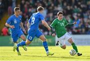 26 March 2023; Kian Leavy of Republic of Ireland in action against Arnor Gauti Jonsson, centre, and Kristofer Jonsson of Iceland during the Under-21 international friendly match between Republic of Ireland and Iceland at Turners Cross in Cork. Photo by Seb Daly/Sportsfile