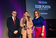 25 March 2023; Aishling Maher of St Vincent's, Dublin is presented with her 2022/23 Leinster Provincial Player of the Year award by Uachtarán an Cumann Camógaíochta Hilda Breslin, right, and Chief Marketing Officer of AIB, Mark Doyle during the AIB Camogie Club Player Awards 2023 at Croke Park in Dublin. Photo by David Fitzgerald/Sportsfile