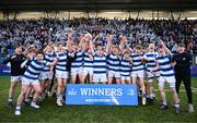 27 March 2023; Blackrock College captain Matthew Wyse lifts the trophy with teammates after his side's victory in the Bank of Ireland Leinster Rugby Schools Junior Cup Final match between St Michael's College and Blackrock College at Energia Park in Dublin. Photo by Harry Murphy/Sportsfile