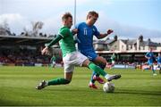 26 March 2023; Sam Curtis of Republic of Ireland in action against Isak Andri Sigurgeirsson of Iceland during the Under-21 international friendly match between Republic of Ireland and Iceland at Turner's Cross in Cork. Photo by Michael P Ryan/Sportsfile