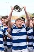 27 March 2023; Blackrock College captain Matthew Wyse lifts the trophy after his side's victory in the Bank of Ireland Leinster Rugby Schools Junior Cup Final match between St Michael's College and Blackrock College at Energia Park in Dublin. Photo by Harry Murphy/Sportsfile