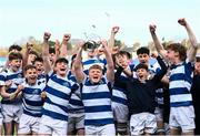 27 March 2023; Blackrock College captain lifts the trophy with teammates after his side's victory in the Bank of Ireland Leinster Rugby Schools Junior Cup Final match between St Michael's College and Blackrock College at Energia Park in Dublin. Photo by Harry Murphy/Sportsfile