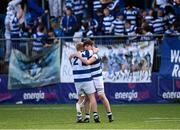 27 March 2023; Matthew Wyse and Tom McAleese of Blackrock College embrace after their side's victory in the Bank of Ireland Leinster Rugby Schools Junior Cup Final match between St Michael's College and Blackrock College at Energia Park in Dublin. Photo by Harry Murphy/Sportsfile