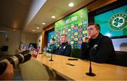 26 March 2023; Kieran Crowley, FAI communications manager, with manager Stephen Kenny and Josh Cullen, left, during a Republic of Ireland press conference at FAI Headquarters in Abbotstown, Dublin. Photo by Stephen McCarthy/Sportsfile