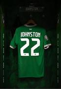 27 March 2023; The jersey of Mikey Johnston hangs in the dressing room before the UEFA EURO 2024 Championship Qualifier match between Republic of Ireland and France at Aviva Stadium in Dublin. Photo by Stephen McCarthy/Sportsfile