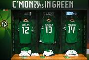 27 March 2023; The jerseys of Nathan Collins, Jeff Hendrick and Jayson Molumby hang in the dressing room before the UEFA EURO 2024 Championship Qualifier match between Republic of Ireland and France at Aviva Stadium in Dublin. Photo by Stephen McCarthy/Sportsfile