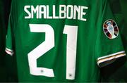 27 March 2023; The jersey of Will Smallbone hangs in the dressing room before the UEFA EURO 2024 Championship Qualifier match between Republic of Ireland and France at Aviva Stadium in Dublin. Photo by Stephen McCarthy/Sportsfile