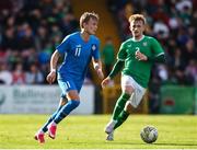 26 March 2023; Isak Andri Sigurgeirsson of Iceland in action against Sam Curtis of Republic of Ireland during the Under-21 international friendly match between Republic of Ireland and Iceland at Turner's Cross in Cork. Photo by Michael P Ryan/Sportsfile