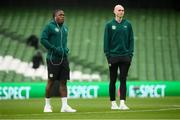 27 March 2023; Republic of Ireland players Michael Obafemi, left, and Will Smallbone before the UEFA EURO 2024 Championship Qualifier match between Republic of Ireland and France at Aviva Stadium in Dublin. Photo by Michael P Ryan/Sportsfile