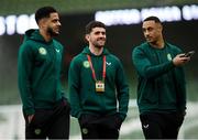 27 March 2023; Republic of Ireland players, from left, Andrew Omobamidele, Robbie Brady, and Adam Idah before the UEFA EURO 2024 Championship Qualifier match between Republic of Ireland and France at Aviva Stadium in Dublin. Photo by Michael P Ryan/Sportsfile