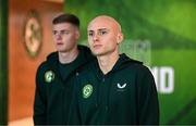 27 March 2023; Republic of Ireland players Will Smallbone, right, and Evan Ferguson arrive before the UEFA EURO 2024 Championship Qualifier match between Republic of Ireland and France at Aviva Stadium in Dublin. Photo by Stephen McCarthy/Sportsfile