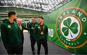 27 March 2023; FAI President Gerry McAnaney, second from left, with Republic of Ireland players, from left, Andrew Omobamidele, Adam Idah and Robbie Brady during the UEFA EURO 2024 Championship Qualifier match between Republic of Ireland and France at Aviva Stadium in Dublin. Photo by Stephen McCarthy/Sportsfile