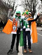 27 March 2023; Republic of Ireland supporters Chloe Doyle, aged 11, left, and her brother Scott Doyle, aged 9, both from Tallaght in Dublin, before the UEFA EURO 2024 Championship Qualifier match between Republic of Ireland and France at Aviva Stadium in Dublin. Photo by Eóin Noonan/Sportsfile
