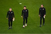 27 March 2023; Republic of Ireland head of athletic performance Damien Doyle, Republic of Ireland coach Keith Andrews and Republic of Ireland coach John O'Shea walk the pitch before the UEFA EURO 2024 Championship Qualifier match between Republic of Ireland and France at Aviva Stadium in Dublin. Photo by Piaras Ó Mídheach/Sportsfile
