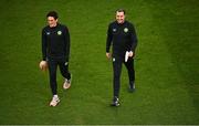 27 March 2023; Republic of Ireland coach Keith Andrews, left, and Republic of Ireland coach John O'Shea walk the pitch before the UEFA EURO 2024 Championship Qualifier match between Republic of Ireland and France at Aviva Stadium in Dublin. Photo by Piaras Ó Mídheach/Sportsfile