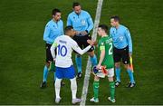 27 March 2023; Captains Kylian Mbappé of France and Seamus Coleman of Republic of Ireland shake hands before the UEFA EURO 2024 Championship Qualifier match between Republic of Ireland and France at Aviva Stadium in Dublin. Photo by Piaras Ó Mídheach/Sportsfile