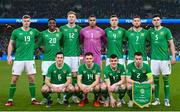 27 March 2023; The Republic of Ireland team, back row, from left, Evan Ferguson, Chiedozie Ogbene, Nathan Collins, Gavin Bazunu, Dara O'Shea, Matt Doherty, John Egan and front row, from left, Josh Cullen, Jayson Molumby, Jason Knight and Seamus Coleman before the UEFA EURO 2024 Championship Qualifier match between Republic of Ireland and France at Aviva Stadium in Dublin. Photo by Stephen McCarthy/Sportsfile