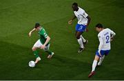 27 March 2023; Jason Knight of Republic of Ireland in action against Ibrahima Konaté, centre, and Benjamin Pavard, right, both of France, during the UEFA EURO 2024 Championship Qualifier match between Republic of Ireland and France at Aviva Stadium in Dublin. Photo by Piaras Ó Mídheach/Sportsfile