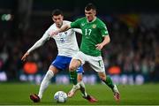 27 March 2023; Jason Knight of Republic of Ireland in action against Benjamin Pavard of France during the UEFA EURO 2024 Championship Qualifier match between Republic of Ireland and France at Aviva Stadium in Dublin. Photo by Eóin Noonan/Sportsfile
