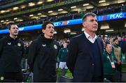 27 March 2023; Republic of Ireland manager Stephen Kenny, right, coach Keith Andrews, centre, and coach John O'Shea during the UEFA EURO 2024 Championship Qualifier match between Republic of Ireland and France at Aviva Stadium in Dublin. Photo by Stephen McCarthy/Sportsfile