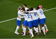 27 March 2023; France players celebrate after their side's first goal, scored by Benjamin Pavard, during the UEFA EURO 2024 Championship Qualifier match between Republic of Ireland and France at Aviva Stadium in Dublin. Photo by Piaras Ó Mídheach/Sportsfile
