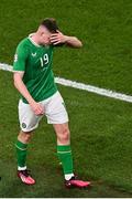 27 March 2023; Evan Ferguson of Republic of Ireland leaves the field after being substituted during the UEFA EURO 2024 Championship Qualifier match between Republic of Ireland and France at Aviva Stadium in Dublin. Photo by Piaras Ó Mídheach/Sportsfile