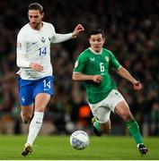 27 March 2023; Adrien Rabiot of France in action against Josh Cullen of Republic of Ireland during the UEFA EURO 2024 Championship Qualifier match between Republic of Ireland and France at Aviva Stadium in Dublin. Photo by Michael P Ryan/Sportsfile