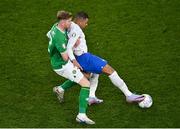 27 March 2023; Kylian Mbappé of France in action against Nathan Collins of Republic of Ireland during the UEFA EURO 2024 Championship Qualifier match between Republic of Ireland and France at Aviva Stadium in Dublin. Photo by Piaras Ó Mídheach/Sportsfile
