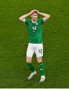 27 March 2023; Nathan Collins of Republic of Ireland reacts after his header was saved by France goalkeeper Mike Maignan in the closing moments of the UEFA EURO 2024 Championship Qualifier match between Republic of Ireland and France at Aviva Stadium in Dublin. Photo by Piaras Ó Mídheach/Sportsfile