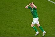 27 March 2023; Nathan Collins of Republic of Ireland reacts after his header was saved by France goalkeeper Mike Maignan in the closing moments of the UEFA EURO 2024 Championship Qualifier match between Republic of Ireland and France at Aviva Stadium in Dublin. Photo by Piaras Ó Mídheach/Sportsfile