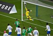 27 March 2023; France goalkeeper Mike Maignan saves the header from Nathan Collins of Republic of Ireland in the closing moments of the UEFA EURO 2024 Championship Qualifier match between Republic of Ireland and France at Aviva Stadium in Dublin. Photo by Piaras Ó Mídheach/Sportsfile