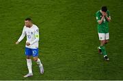 27 March 2023; Kylian Mbappé of France, left, celebrates his side's victory as Josh Cullen of Republic of Ireland leaves the field dejected after the UEFA EURO 2024 Championship Qualifier match between Republic of Ireland and France at Aviva Stadium in Dublin. Photo by Piaras Ó Mídheach/Sportsfile
