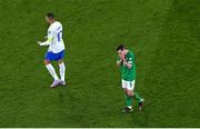 27 March 2023; Josh Cullen of Republic of Ireland reacts as Kylian Mbappé of France celebrates at the full time whistle of the UEFA EURO 2024 Championship Qualifier match between Republic of Ireland and France at Aviva Stadium in Dublin. Photo by Ramsey Cardy/Sportsfile