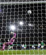 27 March 2023; Republic of Ireland goalkeeper Gavin Bazunu fails to save the shot of Benjamin Pavard of France resulting in France's first goal during the UEFA EURO 2024 Championship Qualifier match between Republic of Ireland and France at Aviva Stadium in Dublin. Photo by Eóin Noonan/Sportsfile