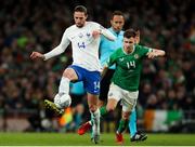 27 March 2023; Adrien Rabiot of France in action against Jayson Molumby of Republic of Ireland during the UEFA EURO 2024 Championship Qualifier match between Republic of Ireland and France at Aviva Stadium in Dublin. Photo by Michael P Ryan/Sportsfile