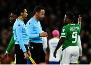 27 March 2023; Michael Obafemi of Republic of Ireland speaks to referee Artur Dias after the UEFA EURO 2024 Championship Qualifier match between Republic of Ireland and France at Aviva Stadium in Dublin. Photo by Eóin Noonan/Sportsfile