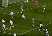 27 March 2023; France players run to celebrate their side's first goal, scored by Benjamin Pavard, not pictured, as John Egan of Republic of Ireland brings the ball to the centre circle for the restart, during the UEFA EURO 2024 Championship Qualifier match between Republic of Ireland and France at the Aviva Stadium in Dublin. Photo by Piaras Ó Mídheach/Sportsfile