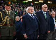 27 March 2023; President of Ireland Michael D Higgins, centre, and FAI President Gerry McAnaney, right, before the UEFA EURO 2024 Championship Qualifier match between Republic of Ireland and France at Aviva Stadium in Dublin. Photo by Stephen McCarthy/Sportsfile